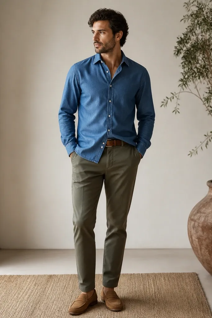 A man in a mid-indigo denim shirt worn untucked over olive chinos. He has tan suede loafers and a brown belt. The sleeves are unrolled and the shirt has a soft, natural drape.