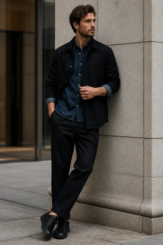 A man wearing a dark indigo denim shirt with sleeves rolled once, layered under a black overshirt. He wears black low-top sneakers and black trousers. The lighting is urban with a clean, modern feel.