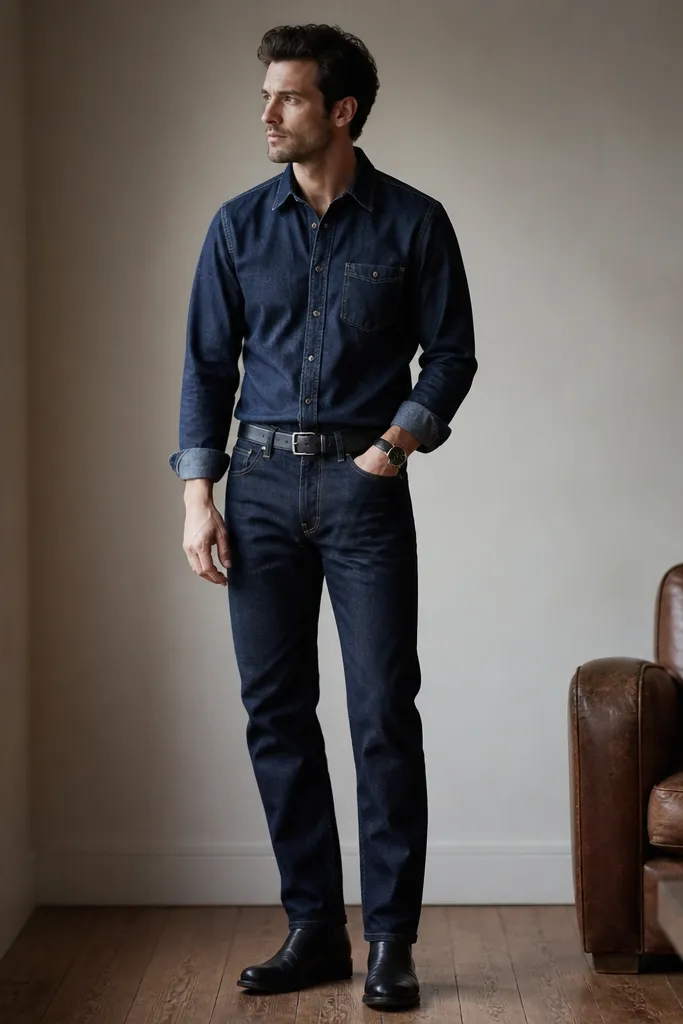 A man wearing a dark indigo denim shirt tucked into dark straight-leg jeans. He has a black belt and a leather watch. Shoes are dark leather boots with a clean toe.