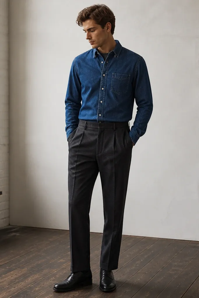 A man wearing a merino crewneck in charcoal under a denim shirt. The denim shirt is buttoned, and he has tailored charcoal trousers and black leather shoes.