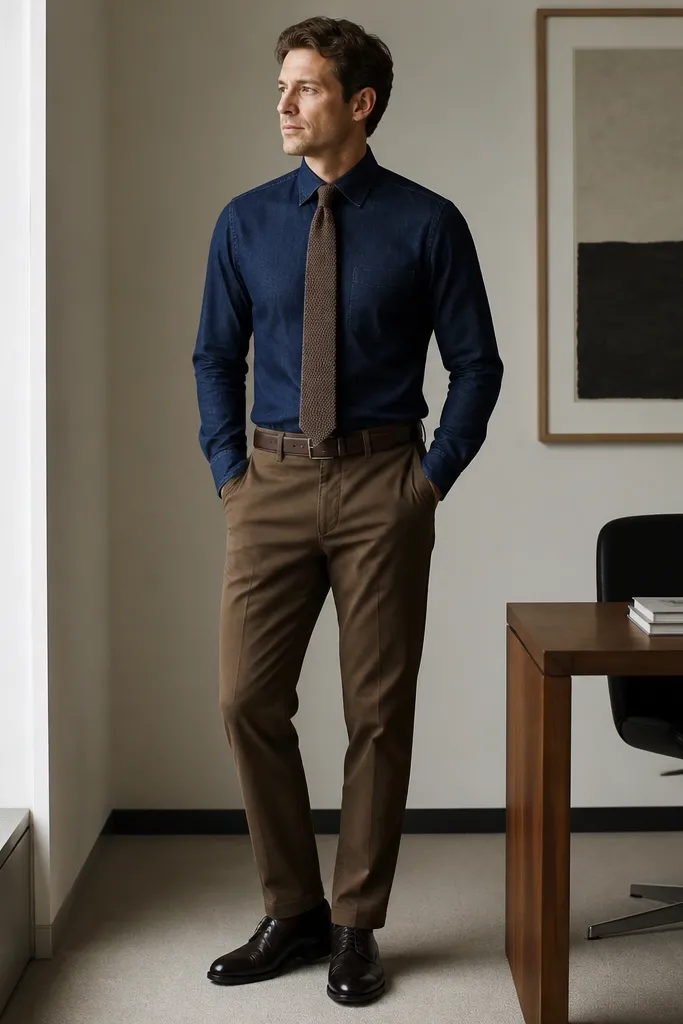 A man wearing a dark indigo denim shirt with the top button undone, a knit tie in muted brown, and brown chinos. He wears dark leather shoes and a brown belt. The look is neat and office-like.