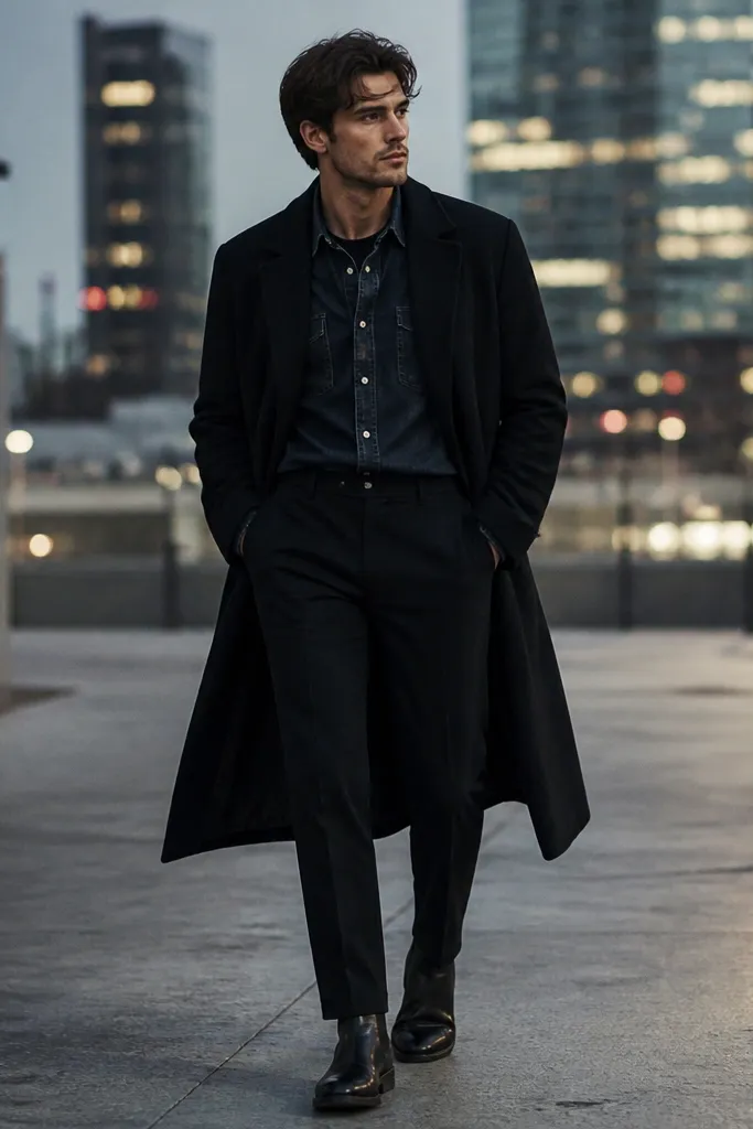 A man wearing a dark indigo denim shirt with black trousers, under a long dark overcoat. The shirt collar is visible at the neck, and he wears black leather boots. City lights blur in the background.