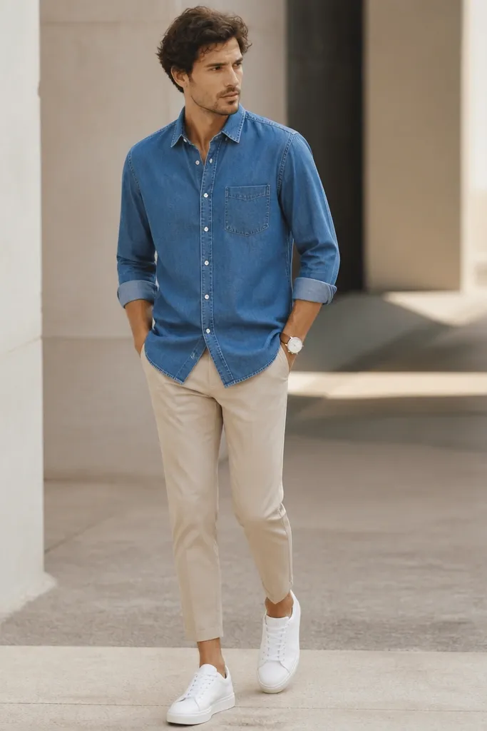 A man wearing a mid-indigo denim shirt untucked over cropped trousers that show the ankle. He has clean white sneakers and a watch with a light strap. The outfit looks modern and casual.