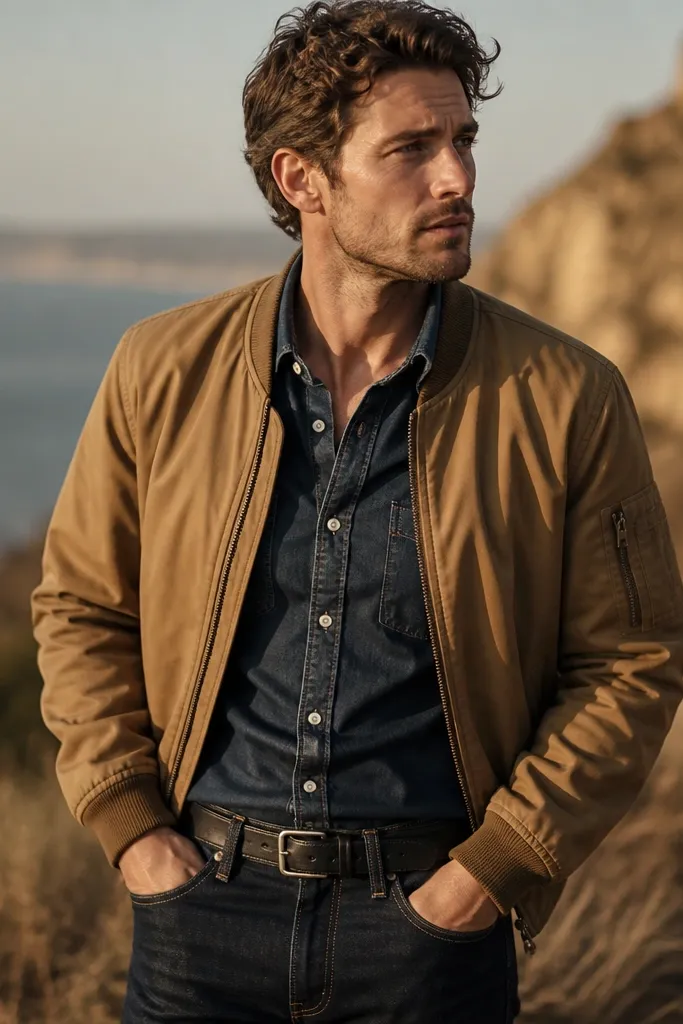 A man wearing a dark indigo denim shirt under a tan bomber jacket. The shirt is partially buttoned, with the collar visible. He wears dark jeans and a black leather belt. Lighting is warm and outdoors.