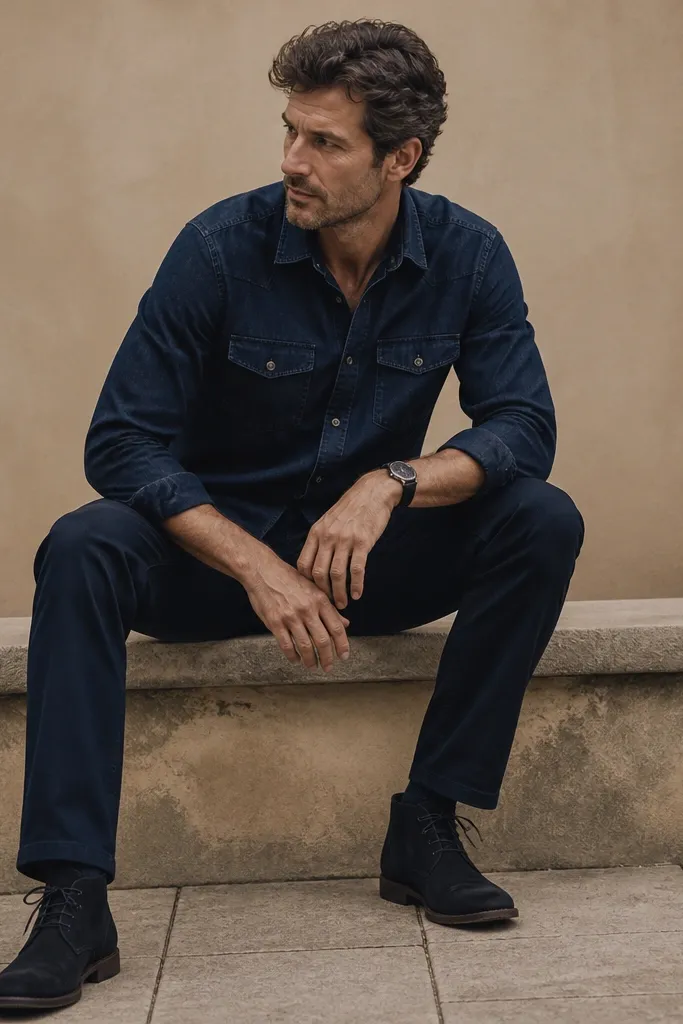 A man wearing a denim shirt in deep navy tones with matching navy trousers. He has suede chukka boots and a simple watch. The outfit looks monochrome with subtle texture differences.