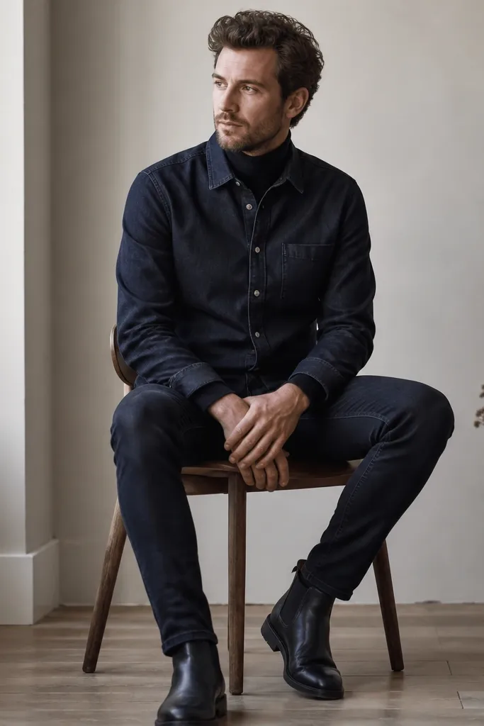 A man wearing a black turtleneck under a dark denim shirt. The shirt is buttoned but the turtleneck shows at the neck. He wears dark jeans and black boots.