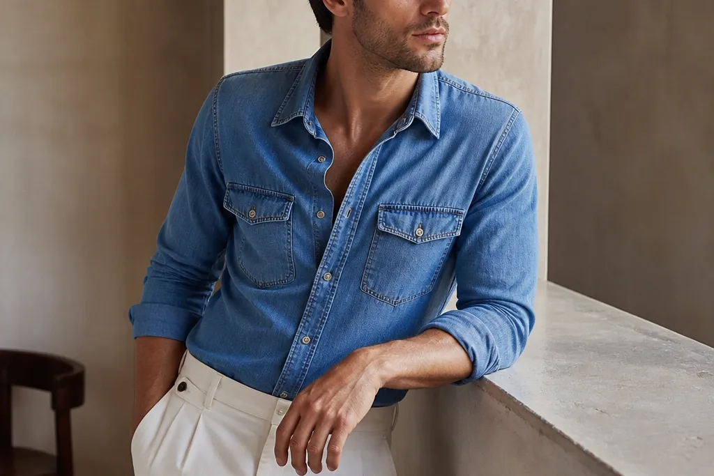 Luxe high end blue denim shirt outfit men styling