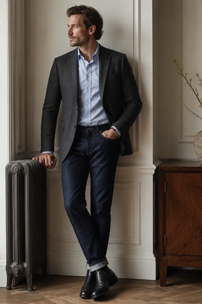 A charcoal blazer over a light blue Oxford shirt. The Oxford has a slightly textured weave and a collar that stays up. The trousers are dark indigo slim straight jeans, cuffed lightly to reveal the shoe. Shoes are black leather Chelsea boots. A brown leather watch strap is visible at the cuff.