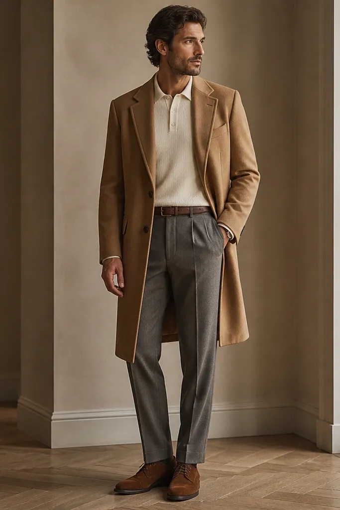A camel overcoat with a clean lapel over a cream knit polo shirt. The polo collar is ribbed and sits flat. The pants are medium gray wool trousers. Shoes are cognac suede derbies. A thin tan belt peeks out and a minimal watch sits on the wrist.