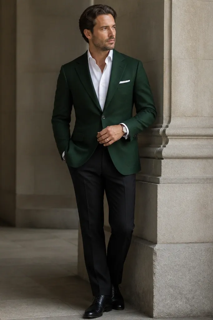 A deep forest green blazer with notch lapels. A white pocket square sits neatly in the breast pocket. Underneath is a crisp white dress shirt with the top button open. The trousers are black wool. Shoes are black leather lace-up oxfords. A gold wedding band and a simple watch are visible.