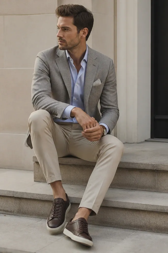 A light gray suit jacket paired with beige chinos. The jacket is slightly textured, not shiny. The shirt is pale blue with a semi-spread collar. Shoes are dark brown leather sneakers in a low profile. A watch with a leather strap sits under the cuff.