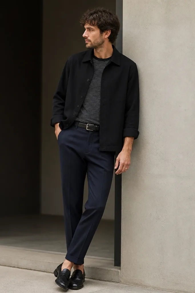 A black overshirt with a collar and button front layered over a thin striped tee. The overshirt sleeves are rolled once. The trousers are navy tailored pants with a slight taper. Shoes are black leather loafers. A dark leather belt and a simple silver ring are visible.