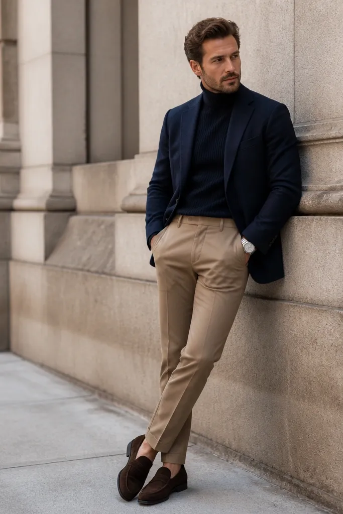 A navy turtleneck tucked under a navy blazer. The turtleneck is ribbed and sits snug at the neck. The pants are tan chinos with a clean front. Shoes are dark brown suede loafers. A simple silver watch catches light at the wrist.