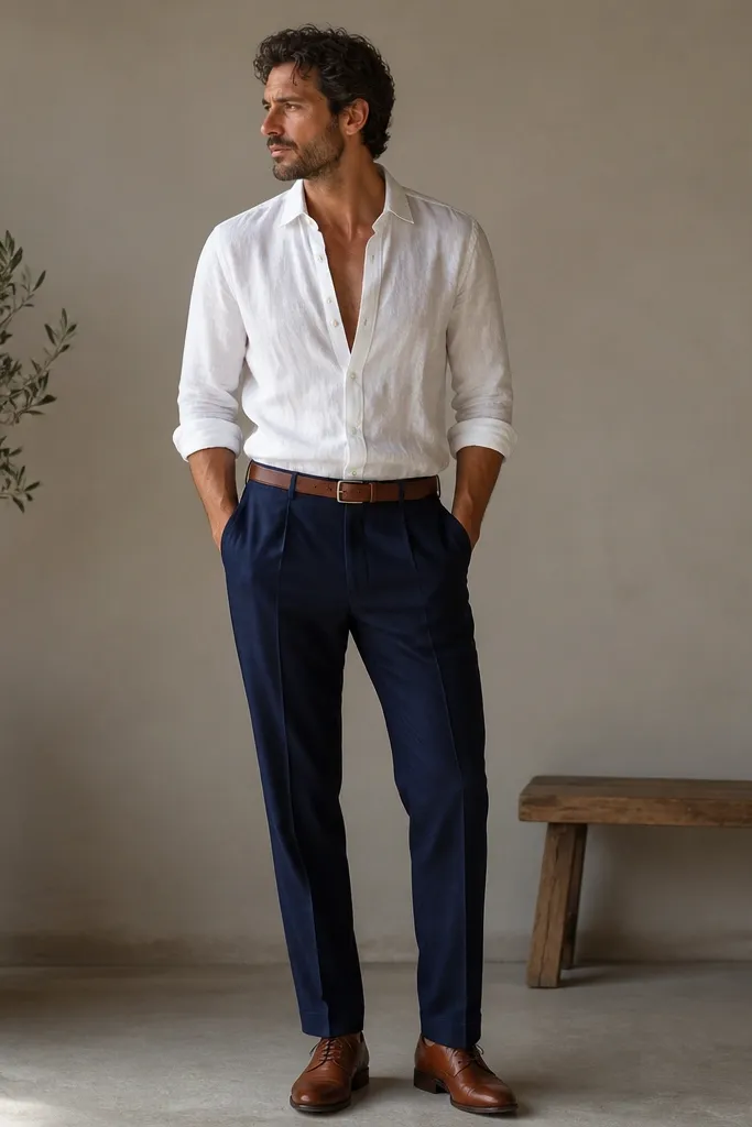 A white linen button-down worn open at the top with sleeves rolled to the forearm. Underneath is no undershirt. The trousers are navy with a straight leg. Shoes are medium brown leather oxfords. A brown belt matches the shoes. The overall look has visible linen texture and slight natural wrinkles.