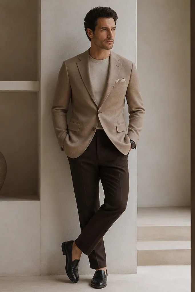 A tan blazer with two-button closure over an oatmeal crewneck or mock neck shirt. The pants are dark brown or espresso trousers. Shoes are black leather loafers. A folded pocket square in beige sits slightly lower than the pocket opening. The watch is black with a round face.