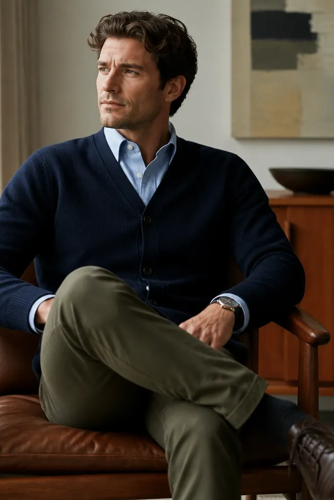 A navy cardigan worn over a light blue button-down shirt. The cardigan buttons are fastened, leaving the shirt collar visible. The pants are olive chinos. Shoes are dark brown leather derby shoes. A knit watch strap peeks out under the cardigan cuff.