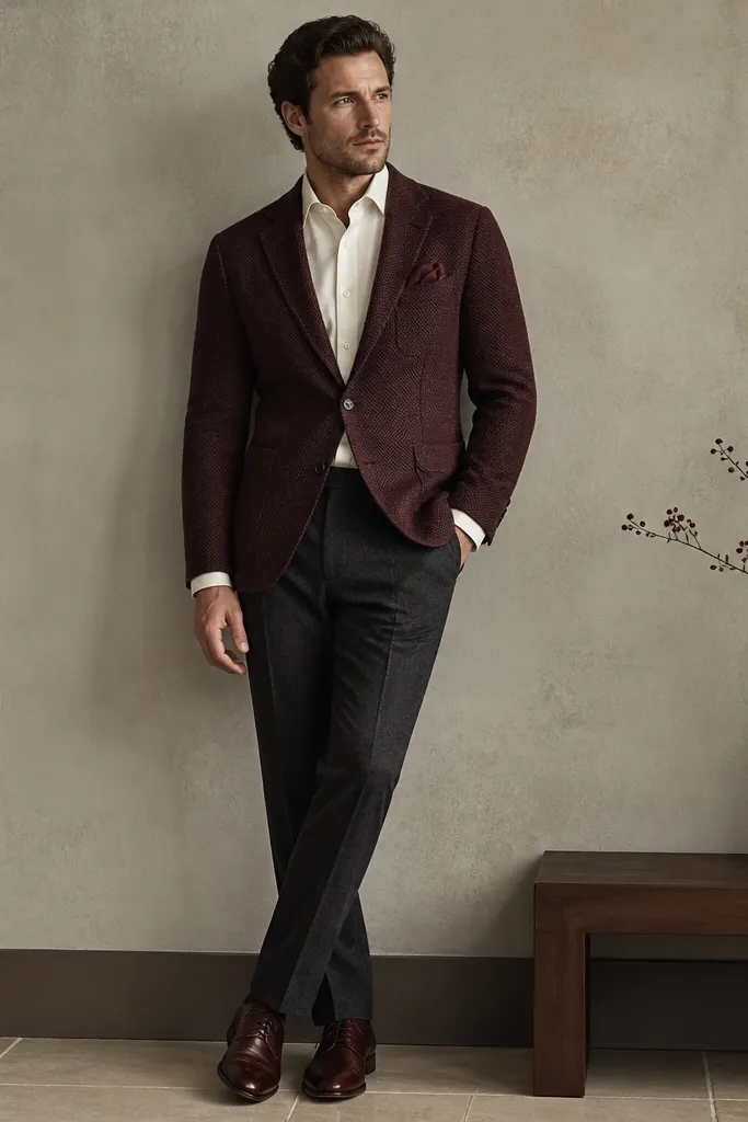 A burgundy knit blazer with a subtle texture over a cream dress shirt. The shirt collar is crisp and the cuffs show. The pants are charcoal trousers. Shoes are burgundy leather oxfords with a neat toe shape. A burgundy pocket square sits folded flat.