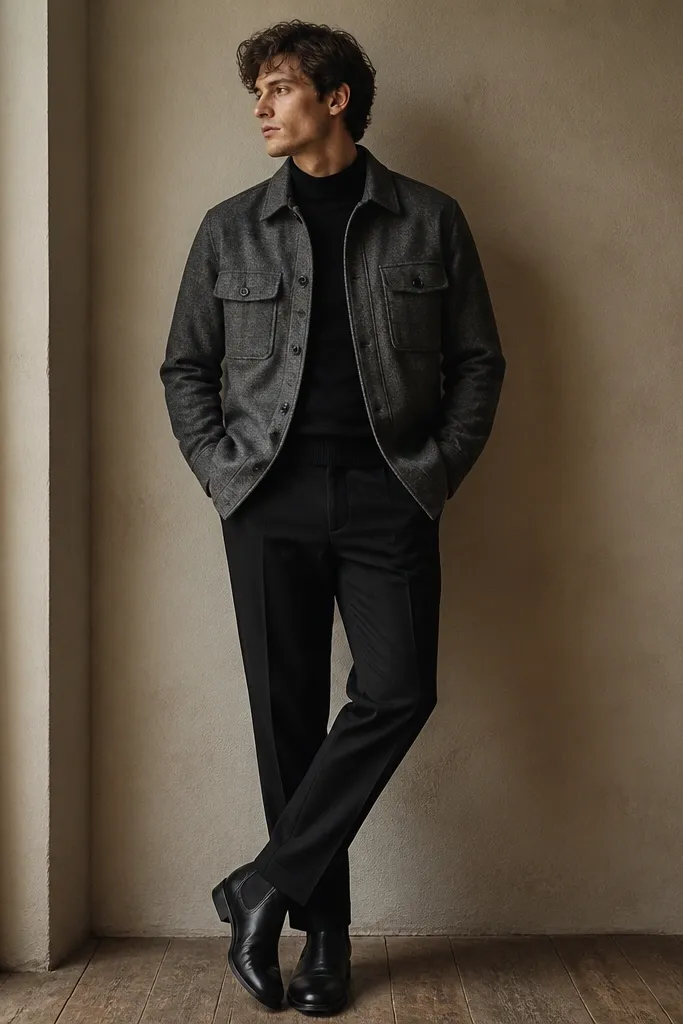 A gray flannel shirt-jacket with a button front and two chest pockets. Underneath is a black crewneck or thin turtleneck. The trousers are black wool with a straight fit. Shoes are black leather Chelsea boots. The overall look is matte and textured.