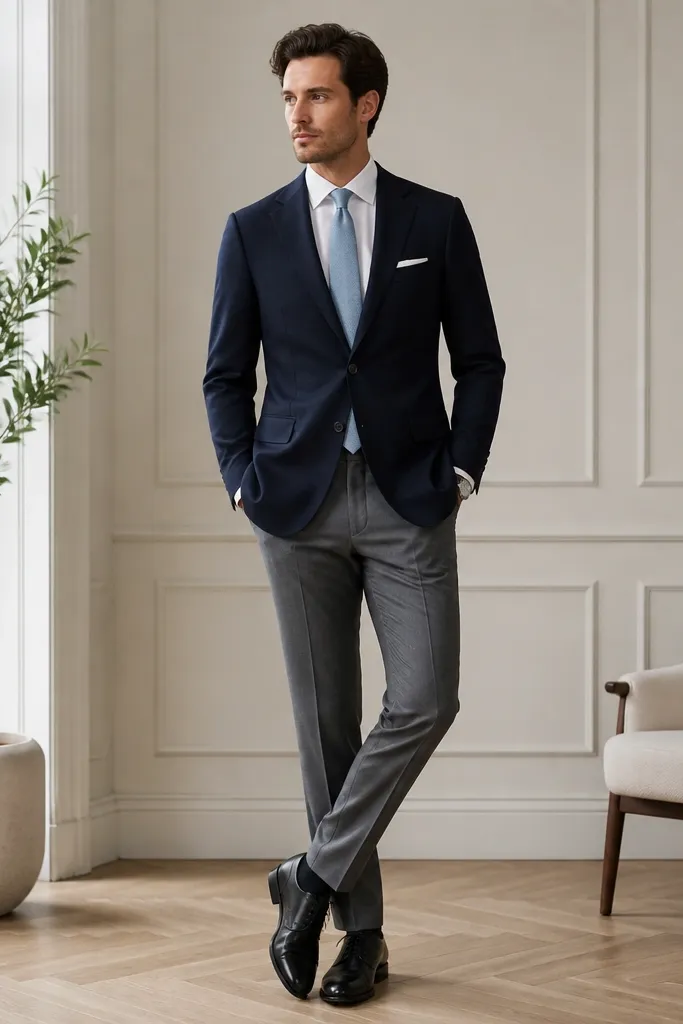 A navy blazer over a white dress shirt with a subtle light-blue tie. The tie knot is neat and centered. The trousers are mid-gray and the shoes are black leather oxfords. A pocket square in white is folded with a small point. A watch with a silver case is visible.