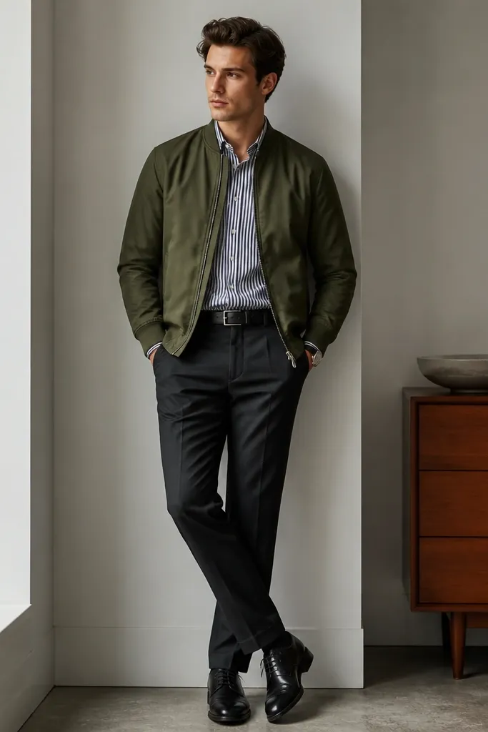 An olive bomber jacket with ribbed cuffs over a white-and-navy striped button-down. The jacket is zipped halfway. The pants are dark charcoal trousers. Shoes are black leather lace-ups with a simple toe. A black leather belt and minimal silver watch are visible.