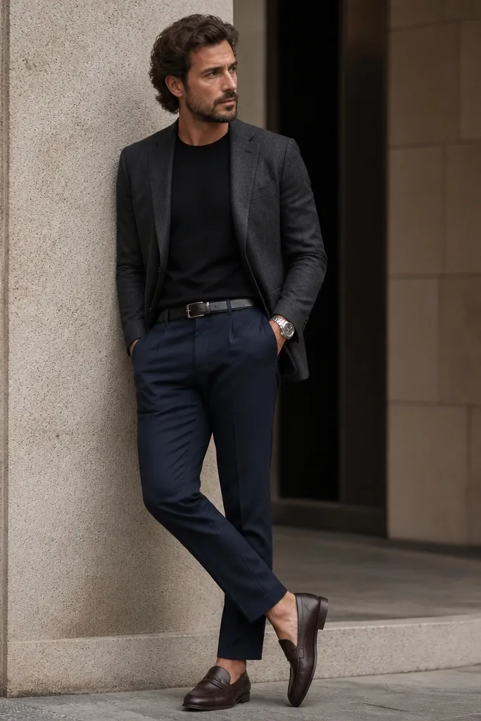 A black crewneck t-shirt under a charcoal blazer. The t-shirt has a structured collar and sits flat. The trousers are tailored navy with a slight taper. Shoes are dark brown leather loafers. Accessories are a silver watch and a black belt.