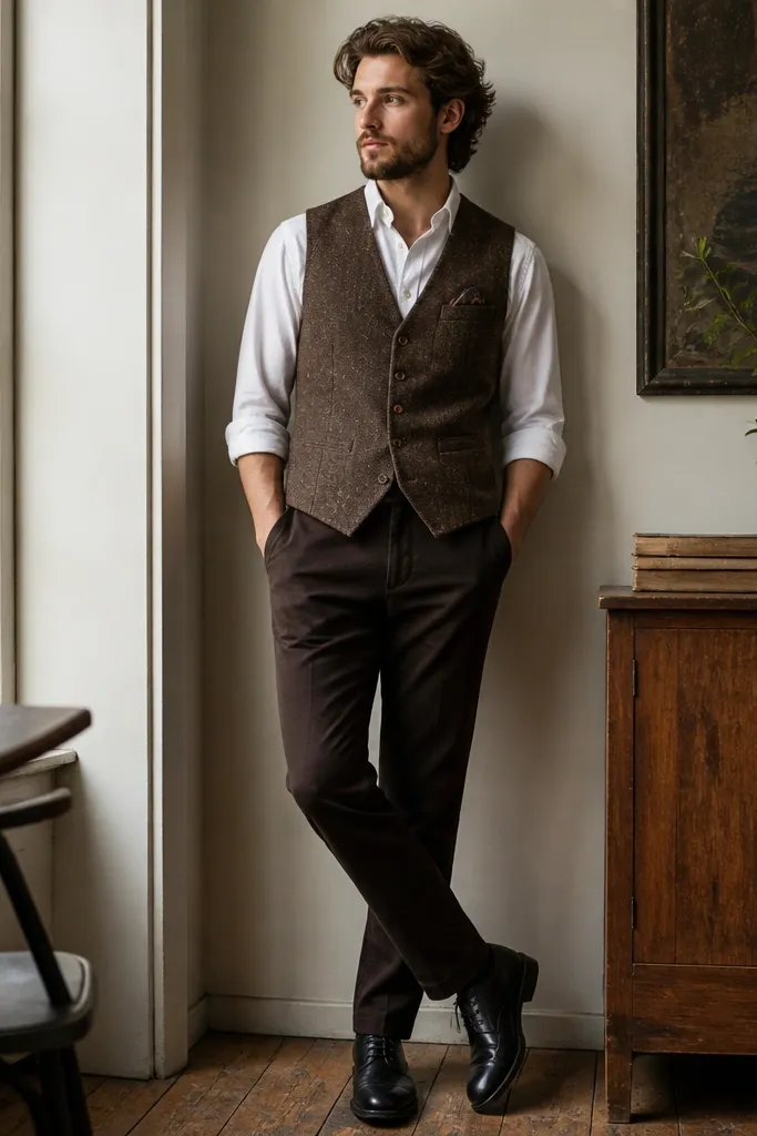 A white button-down with sleeves rolled to mid-forearm. Over it is a tweed vest in brown with subtle flecks. The vest has a V-neck and button front. The pants are dark brown trousers. Shoes are black leather derby shoes. A small pocket square peeks from the vest pocket.