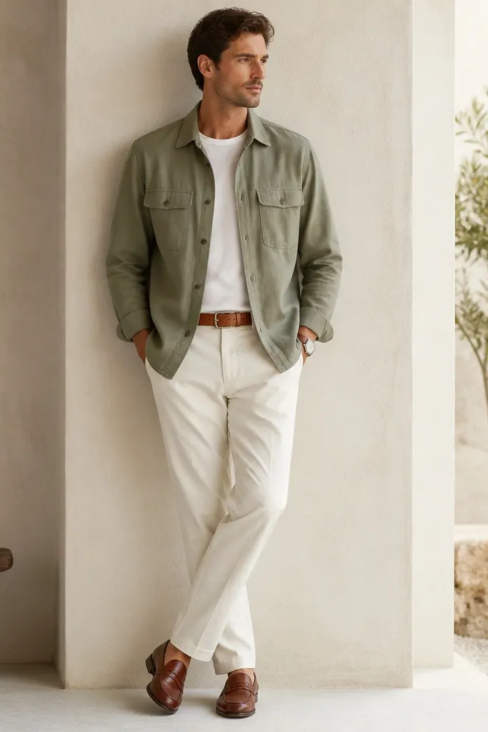 A sage green overshirt with a button front and two chest pockets. It's layered over a white crewneck shirt. The trousers are white or off-white with a straight fit. Shoes are brown leather loafers. A tan belt and a simple watch are visible.