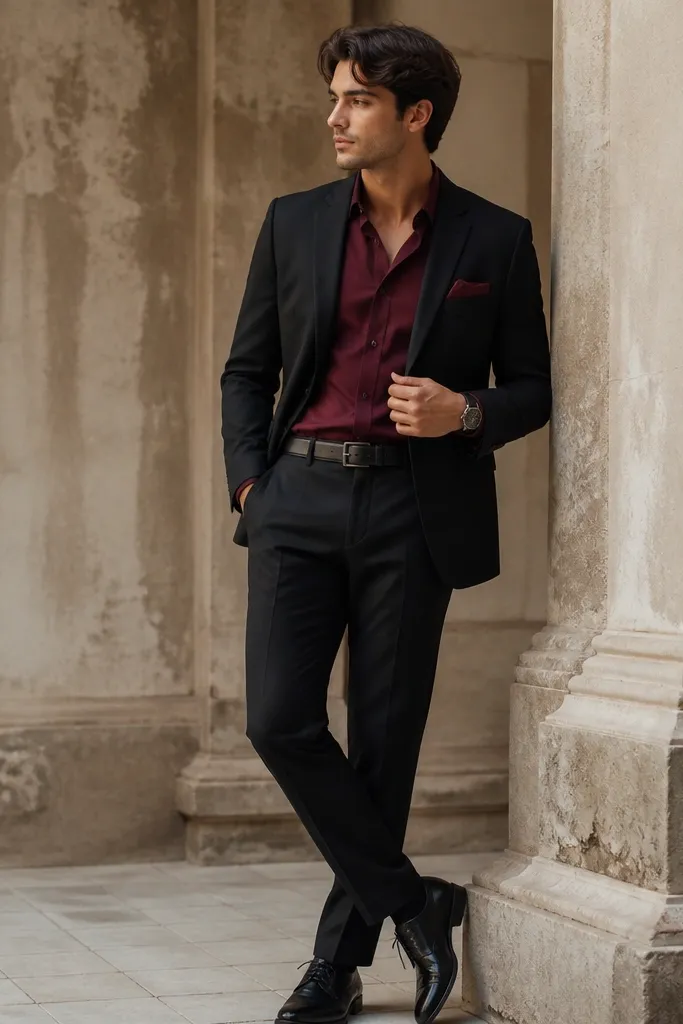 A black blazer over a burgundy dress shirt. The shirt is tucked into black trousers. A black belt matches the shoe leather. Shoes are black leather oxfords. A small burgundy pocket square sits in the breast pocket. The watch has a dark strap.