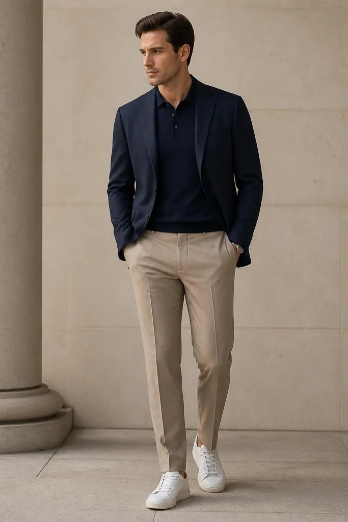 A navy knit polo under a lightweight navy blazer. The polo collar is ribbed and sits flat. The trousers are tan lightweight wool trousers. Shoes are white leather sneakers with minimal branding. A silver watch is visible.