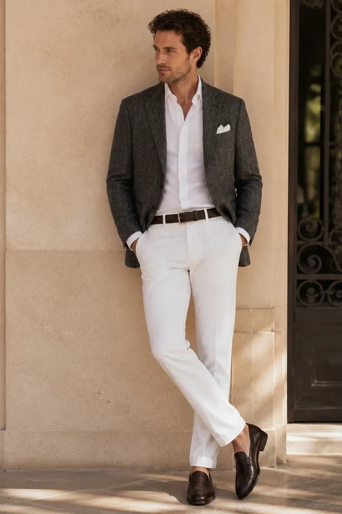 A herringbone sport coat in charcoal with a subtle pattern over a white dress shirt. The shirt is tucked into white chinos. Shoes are black leather loafers. A brown belt matches the loafers, and a white pocket square sits in the breast pocket.