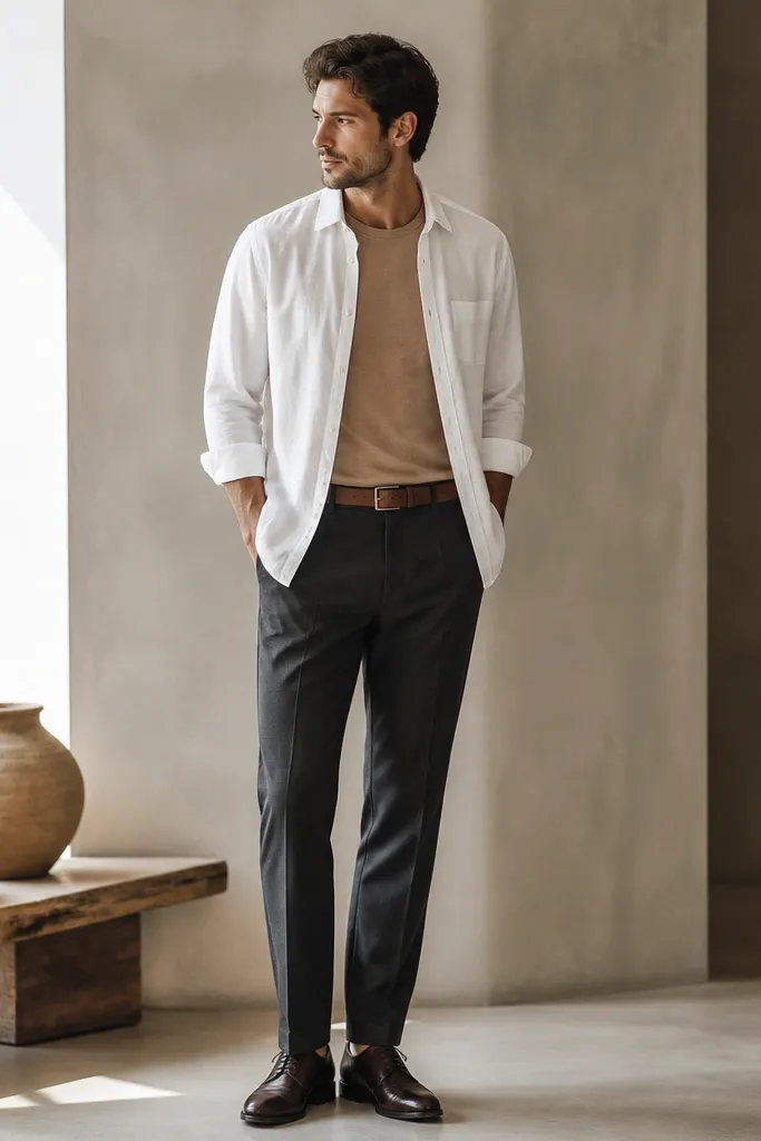 A white overshirt layered over a tan t-shirt. The overshirt is unbuttoned and the t-shirt is visible at the neckline. The trousers are dark charcoal with a straight leg. Shoes are dark brown leather oxfords. A tan leather belt matches the overshirt tones.