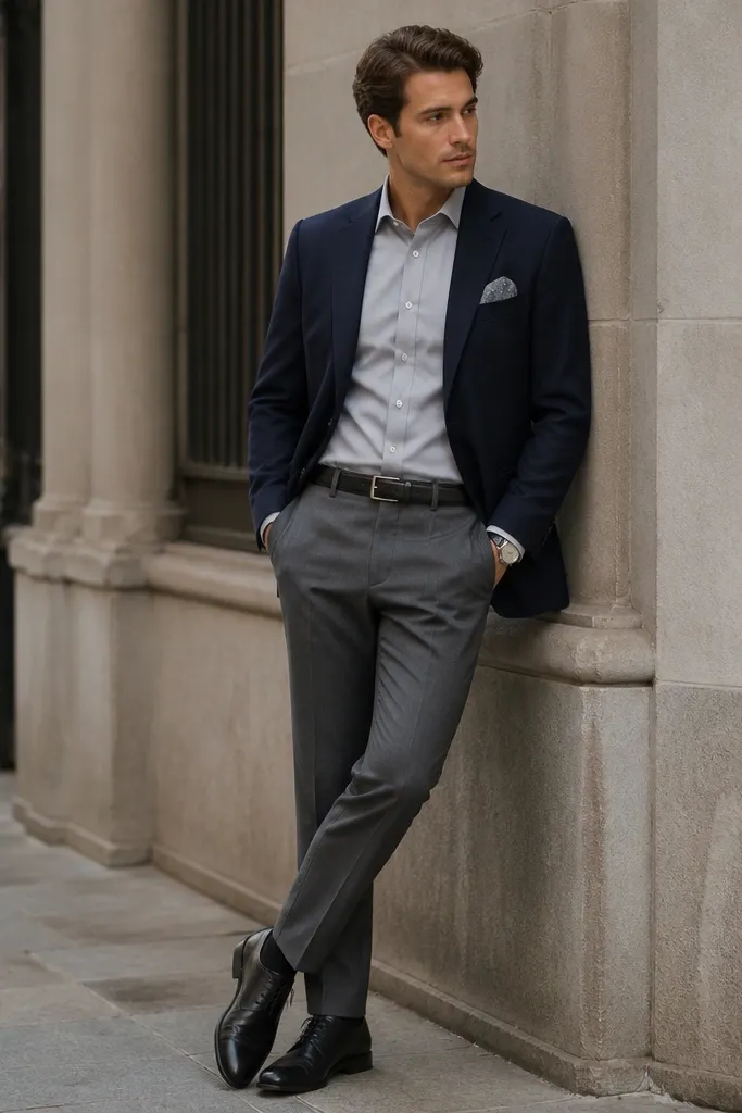 A navy blazer over a light gray dress shirt. The pocket square is patterned with small dots or a subtle paisley in white and muted blue. The trousers are gray wool slacks. Shoes are black leather lace-ups. The watch is silver and the belt matches the shoes.