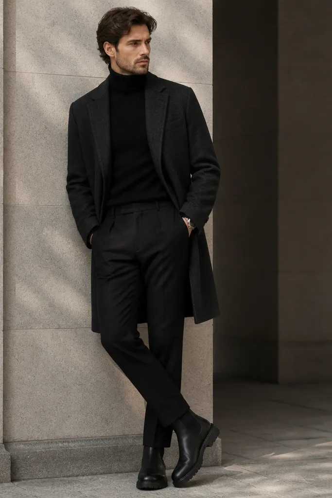 A charcoal overcoat worn over a black turtleneck. The turtleneck is ribbed and fits snug. The pants are black dress trousers. Shoes are matte black leather boots with a slightly rugged sole. A minimal watch sits under the coat cuff.