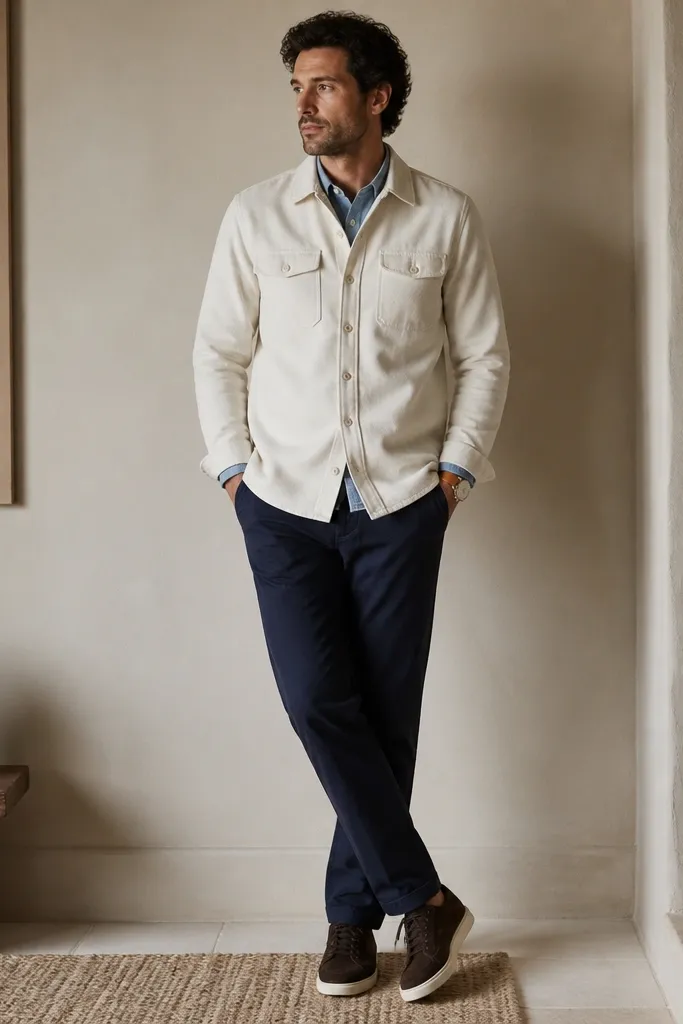 A cream overshirt over a light blue denim shirt. The overshirt is buttoned and has flap pockets. The pants are navy chinos with a straight leg. Shoes are dark brown suede sneakers or low-top suede shoes. A watch with a tan strap sits at the cuff.
