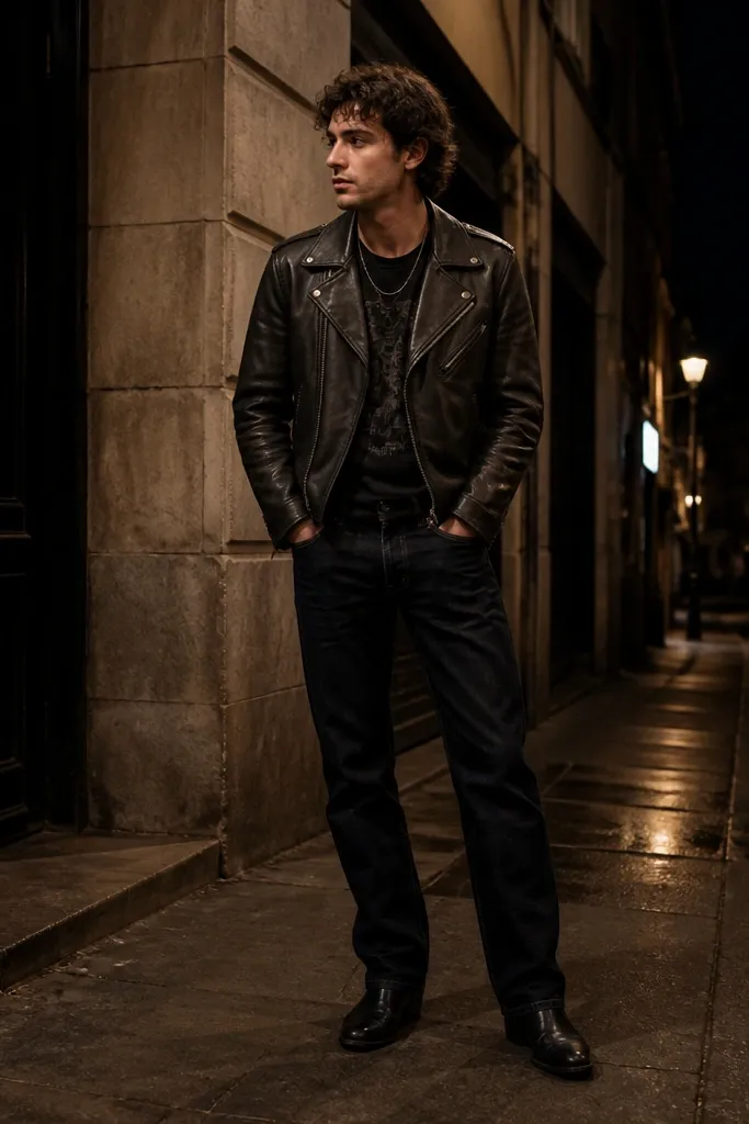 A charcoal leather biker jacket over a black vintage-style band tee, paired with straight-leg dark indigo jeans. The outfit is finished with black leather boots and a thin silver chain necklace. Background is a dim street at night.
