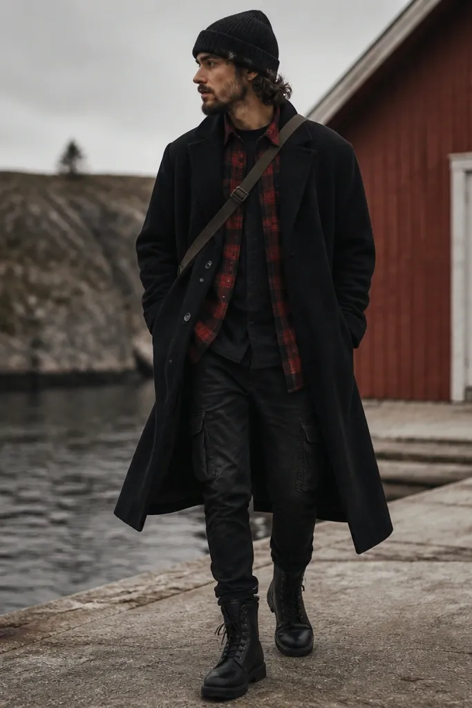 A long black wool coat worn open over a red-and-black flannel. Slim black cargo pants sit over chunky boots, with a knit beanie and a crossbody strap.
