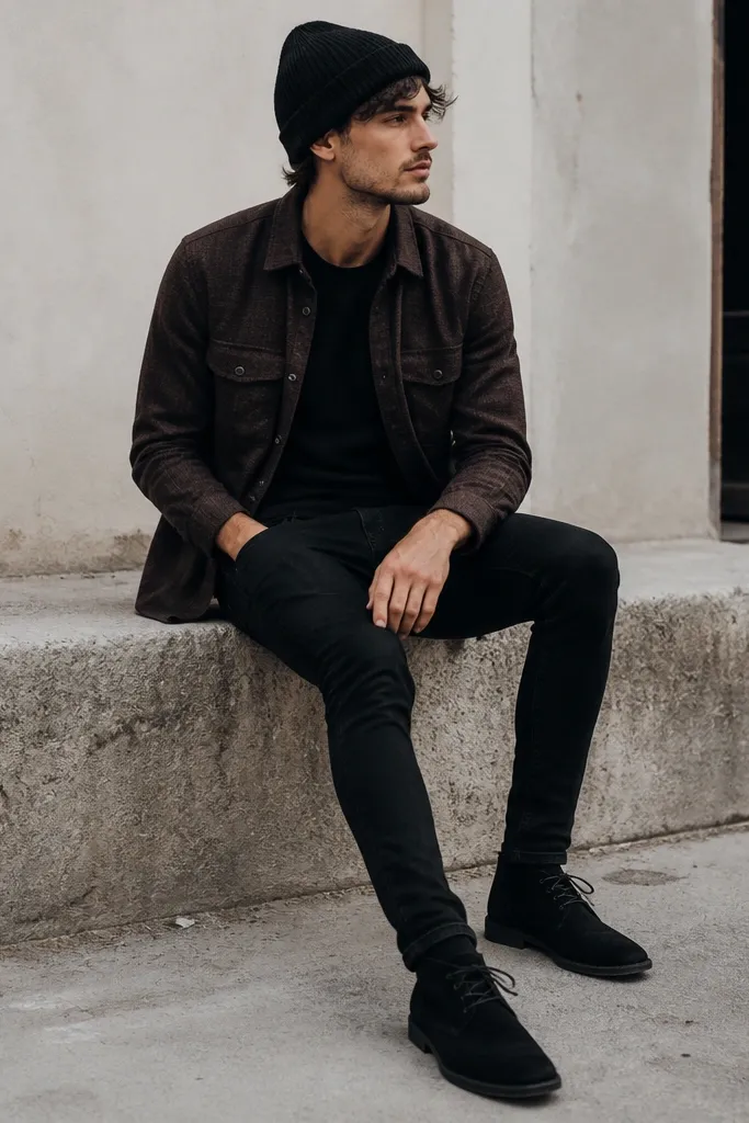 A dark brown textured overshirt layered over a black fitted tee. Black skinny jeans and a ribbed knit beanie sit with black suede chukka boots.