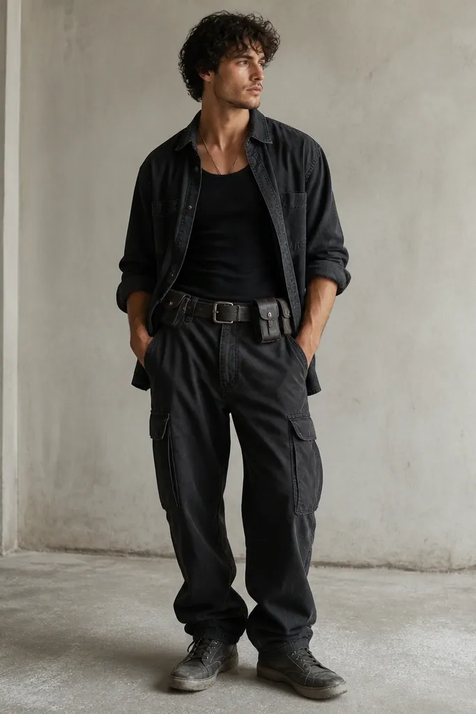 A washed black denim shirt worn open over a black tank. A utility belt crosses the waist, with cargo pants and worn leather sneakers.