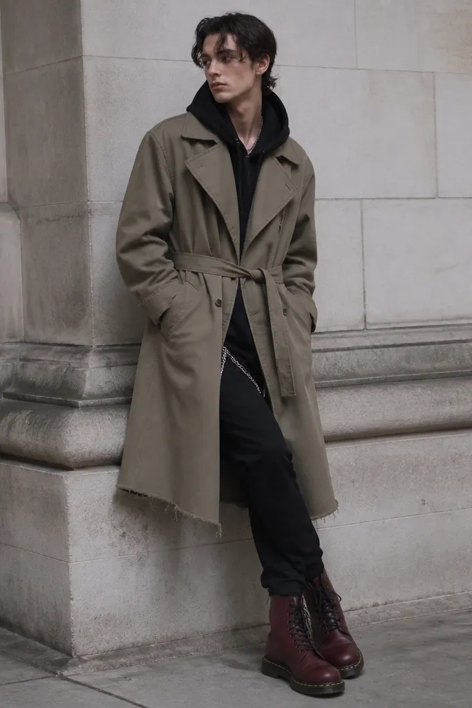 A black hoodie under an oversized belted trench coat with slight distress at the hems. Oxblood combat boots anchor the outfit, with a silver chain and dark pants.