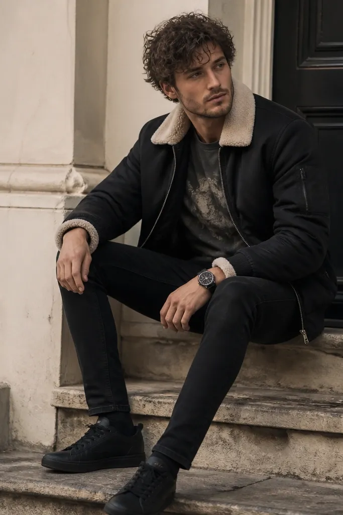 A black bomber jacket with light shearling trim at collar and cuffs. A muted graphic tee underneath and tapered black jeans, finished with black sneakers and a watch.