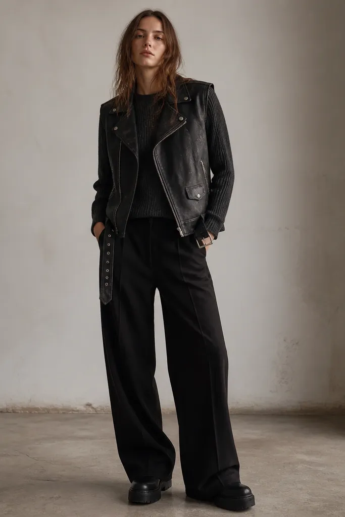 A black distressed leather moto vest worn over a ribbed charcoal sweater. The pants are wide-leg black with a slight break, styled with black platform boots.