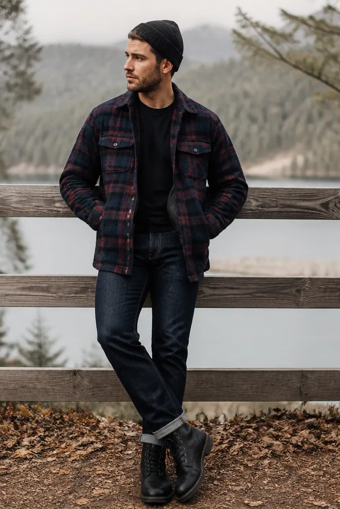 A plaid flannel shirt jacket in deep navy, black, and muted red. A plain black tee underneath and dark denim jeans with no rips. Black lace-up boots and a beanie.
