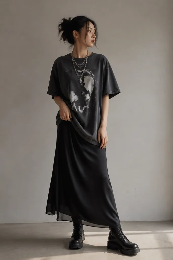 A black slip-style dress worn as a long layer under an oversized graphic tee. The wearer pairs it with black combat boots and a layered chain necklace.