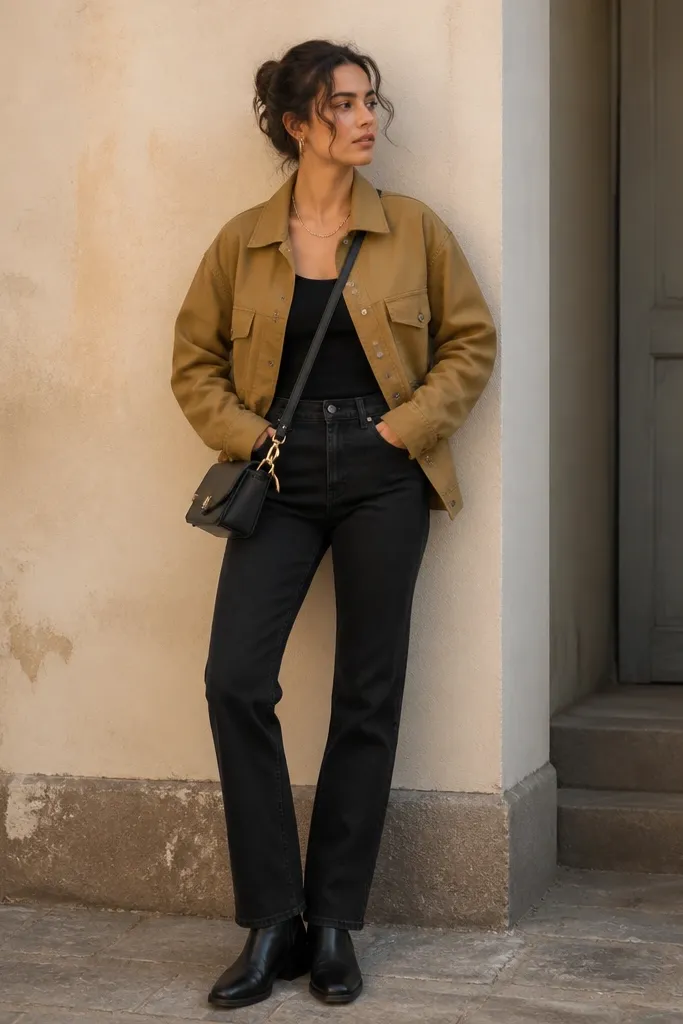 A khaki workwear jacket with brass buttons layered over a black ribbed tank. Black straight jeans and black boots. A small crossbody bag hangs at the hip.