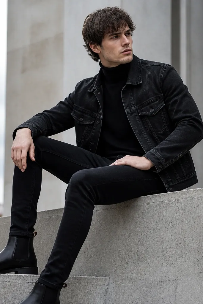 A fitted black turtleneck under a distressed black denim jacket. Black jeans and black Chelsea boots with elastic sides.