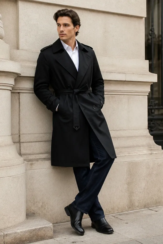 A crisp white button-down peeking from under a black trench coat. The trench is tied with a black belt and worn with dark denim jeans and black loafers or boots.