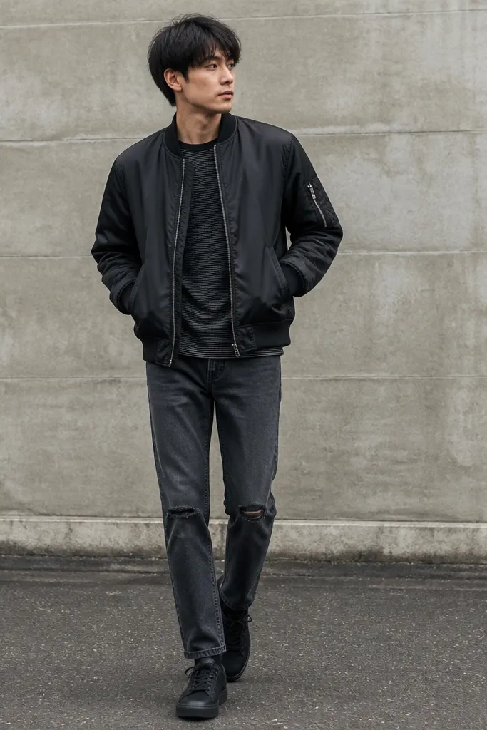A black bomber jacket worn over a black-and-gray striped long sleeve. Straight-cut jeans with light rips at the knee and black sneakers.