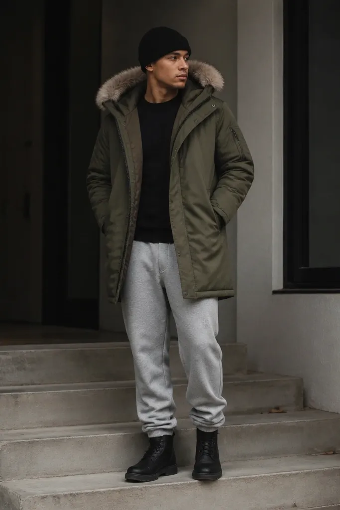 An olive parka with a fur-lined hood layered over a black tee. Grey sweatpants that stack at the ankle and black boots, with a beanie.