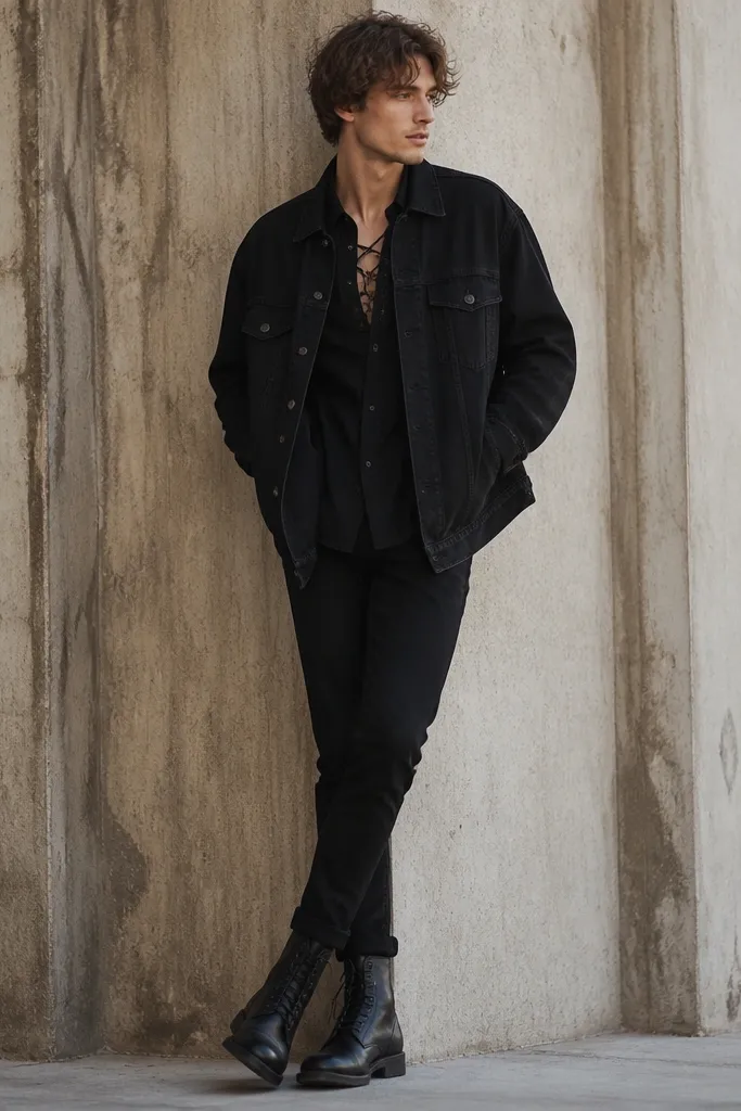 A black lace-up front shirt layered under an oversized black denim jacket. Slim black pants and black leather lace-up boots.