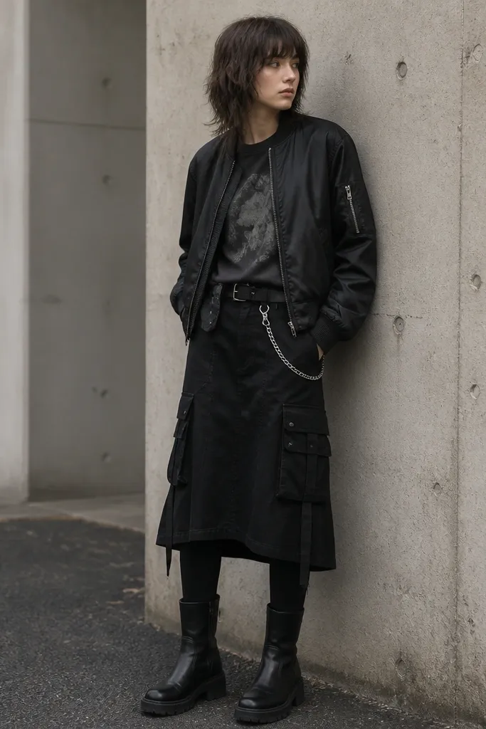 A faded black graphic tee under a black satin bomber with a slight sheen. Black cargo-style skirt worn over leggings and black boots, with a silver chain.
